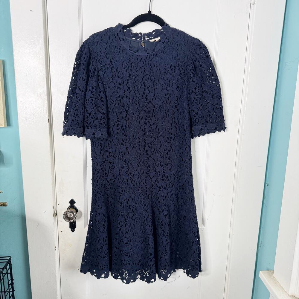 Rebecca Taylor Lace Sheath Dress Flutter Sleeves Navy Preppy Classy 100% Cotton - Picture 2 of 15